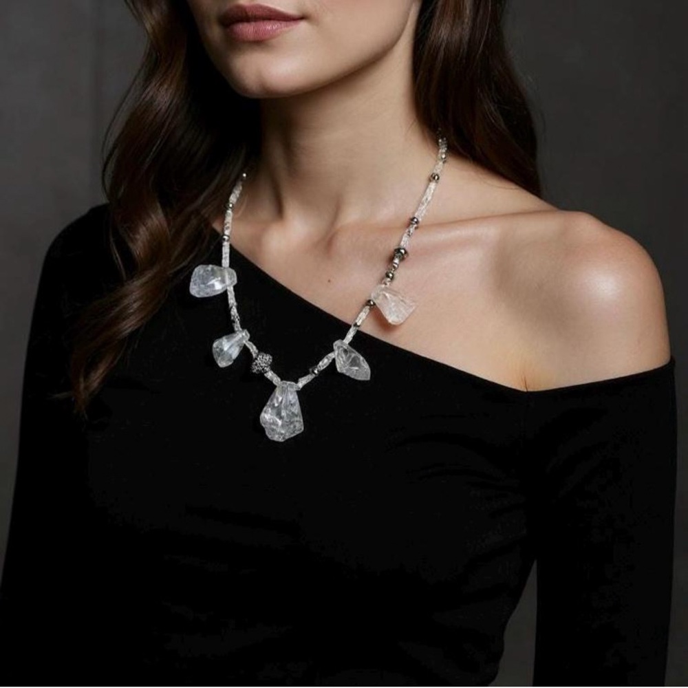 *NWT* Clear Quartz Crystal, Iridescent Glass Beads & Sterling Silver Necklace